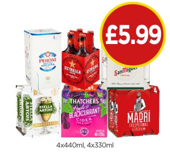 Peroni, Estrella, San Miguel, Stella Artois Unfiltered, Thatcher's Apple & Blackcurrant, Madri - Now Only £5.99 at Budgens