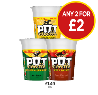Pot Noodle Original Curry, Chicken & Mushroom, Beef & Tomato - Any 2 for £2 at Budgens