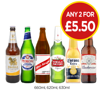 Singha, Peroni, Red Stripe, Stella Artois, Corona Extra, Budweiser - Any 2 for £5.50 at Budgens