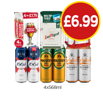Stella Artois, San Miguel, Budweiser, Kronenbourg, Holsten, Carlsberg Export - Now Only £6.99 at Budgens