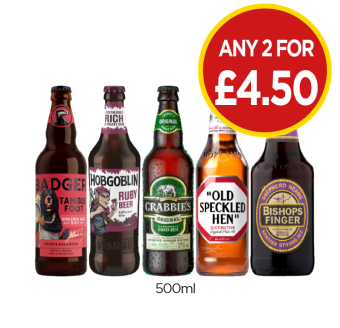 Badger Tangle Foot, Hobgoblin Ruby Beer, Crabbie's, Old Speckled Hen, Bishops Fingers - Any 2 for £4.50 at Budgens