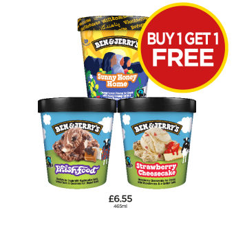 Ben & Jerry's Sunny Honey Home, Phish Food, Strawberry Cheesecake - Buy 1 Get 1 FREE at Budgens