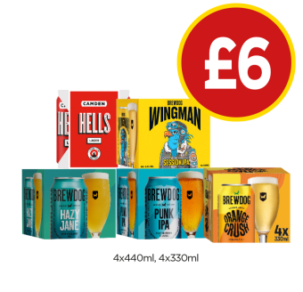 Camden Hells, Brewdog Wingman, Hazy Jane, Punk IPA, Orange Crush - Now Only £6 at Budgens