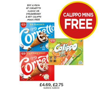 Cornetto Classico, Strawberry, Calippo Mini - Buy A Pack Of Cornetto Classic Or Strawberry & Get Calippo Minis FREE at Budgens