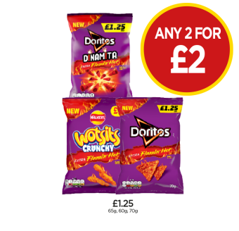 Doritos Extra Flamin Hot, Dinamita, Wotsits Crunchy - Any 2 for £2 at Budgens
