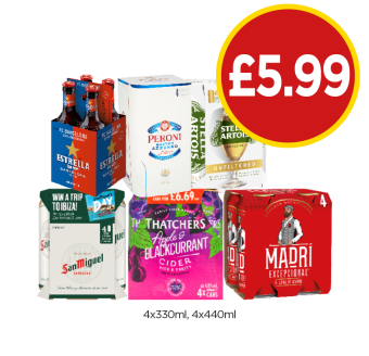 Estrella, Peroni, Stella Artois Unfiltered, San Miguel, Thatchers Apple & Blackcurrant, Madri - Now Only £5.99 at Budgens