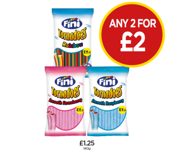 Fini Tornados Rainbow, Smooth Strawberry, Raspberry - Any 2 for £2 at Budgens