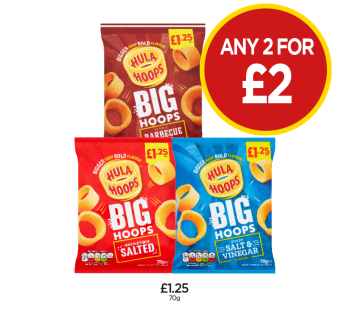 Hula Hoops Big Barbecue, Salted, Salt & Vinegar - Any 2 for £2 at Budgens