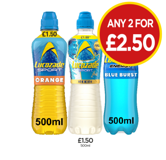 Lucozade Orange, Ice Kick, Energy Blue Burst - Any 2 for £2.50 at Budgens