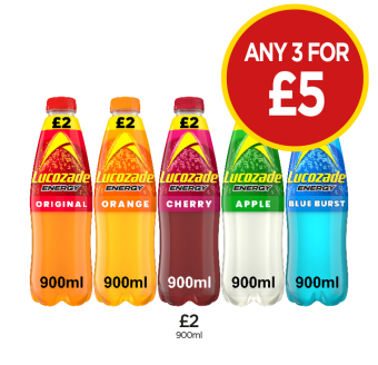 Lucozade Original, Orange, Cherry, Apple, Blue Burst - Any 3 for £5 at Budgens