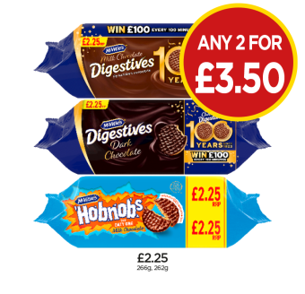 McVities Digestives Milk Chocolate, Dark Chocolate, Hobnobs - Any 2 for £3.50 at Budgens