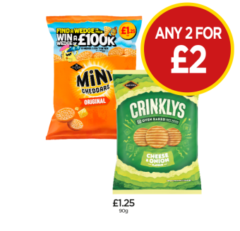 Mini Cheddars Original, Crinkleys Cheese & Onions - Any 2 for £2 at Budgens