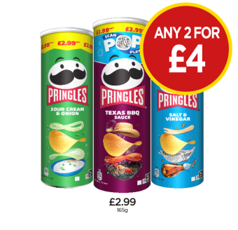 Pringles Sour Cream & Chive, Texas BBQ Sauce, Salt & Vinegar - Any 2 for £4 at Budgens