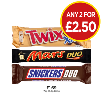 Twix Xtra, Mars Duo, Snickers Duo - Any 2 for £2.50 at Budgens