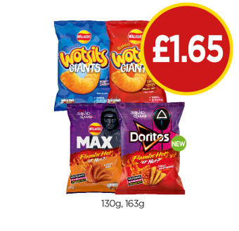Wotsits Giants Really Cheesy, Sweet & Spicy, Max Flamin Hot Or Not Sticky BBQ, Chilli Heatwave - Now Only £1.65 at Budgens