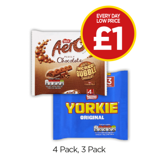 Aero Bubbly Milk Chocolate Bar Multipack, Yorkie Milk Chocolate Bar Multipack - Now £1 at Budgens
