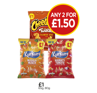 Cheetos Twisted Flamin Hot, Kurkure Masala Munch Sharing Snacks, Naughty Tomato Sharing Snacks - Any 2 for £1.50 at Budgens