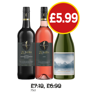 Kumala Zenith Shiraz Cabernet Sauvignon Merlot, Rose, Silent Peak Sauvignon Blanc - Now £5.99 at Budgens
