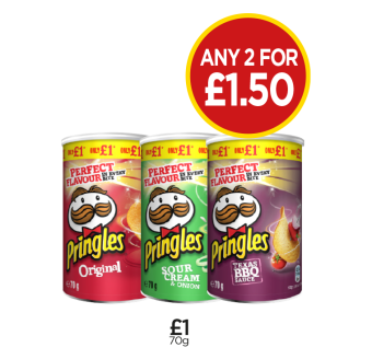 Pringles Original, Cheese & Onion, BBQ - Any 2 for £1.50 at Budgens