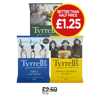 Tyrrell’s Lightly Sea Salted Crisps, Sea Salt & Cider Vinegar Crisps, Mature Cheddar & Chives Crisps - Now £1.25 at Budgens