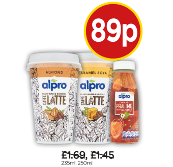 Alpro Caffe Caralmel Soya Cup, Caffe Almond Cup, Chocolate Praline - Now 89p at Budgens
