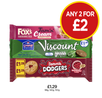 Fox's Favourites Jam 'N' Cream, Viscount, Jammie Dodgers - Any 2 for £2 at Budgens