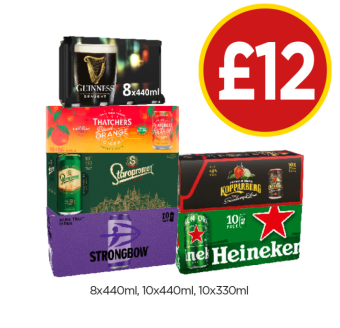 Guinness, Thatcher's Blood Orange, Staropramen, Kopparberg Strawberry & Lime, Strongbow Dark Fruits, Heineken - Now Only £12 at Budgens