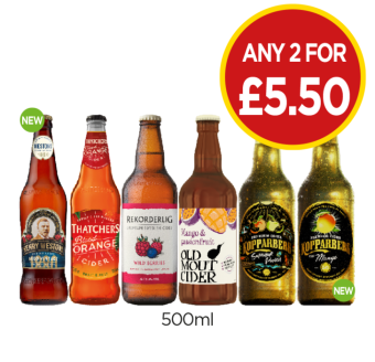 Henry Westons 1880 Vintage, Thatcher's Blood Orange, Rekorderlig Wild Berries, Kopparberg Summer Punch, Mango - Any 2 for £5.50 at Budgens