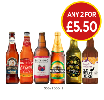 Henry Westons Vintage, Thatchers Blood Orange, Rekorderlig Wild Berries, Magners, Kopparberg Summer Punch, Old Mout Cider Mango & Passionfruit - Any 2 for £5.50 at Budgens